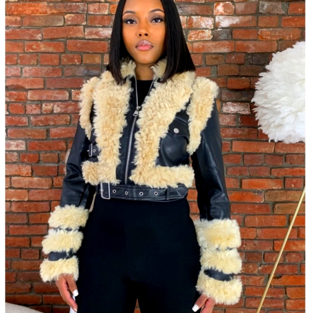 Black Leather Ski Jacket with Cream Shearling Trim